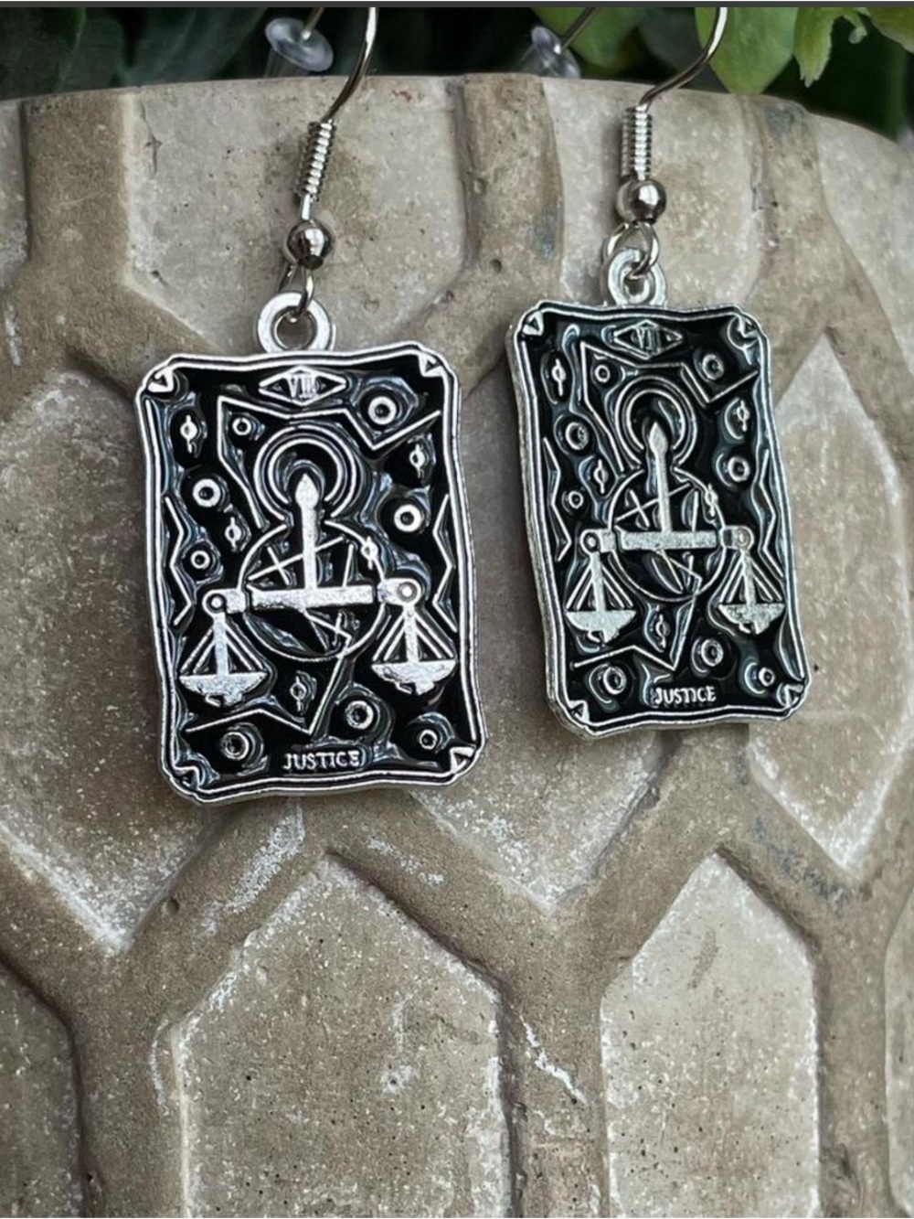 Justice Tarot Card Dangle Earrings in Black and Silver